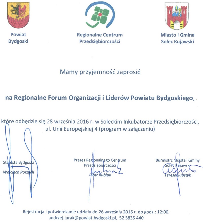 Zaproszenie na Regionalne Forum Organizacji i Liderów Powiatu Bydgoskiego, które odbędzie się w soleckim inkubatorze przedsiębiorczości 28 września (zapisy są przyjmowane mailowo do 26 września - godz 12:00)